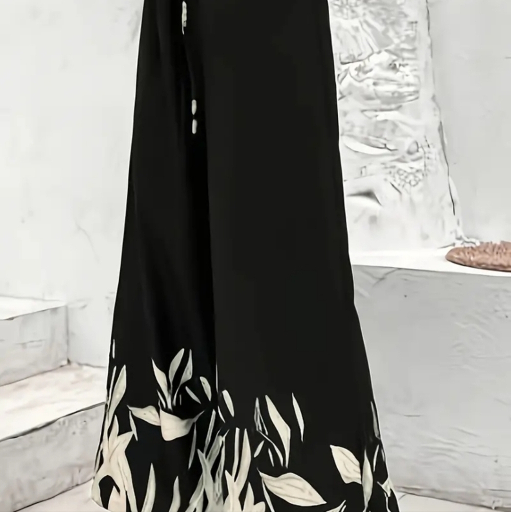 Botanical Floral Flower Black Wide Leg Pants Elastic Waist 2XL